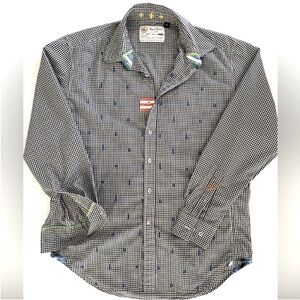 Robert Graham Button Down Cotton Shirt Gingham Check Embroidered Guitars Large